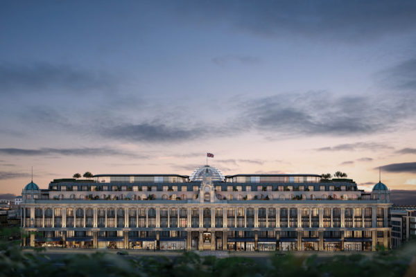 Exterior shot of The Whiteley, an art deco building in Bayswater, at sunset