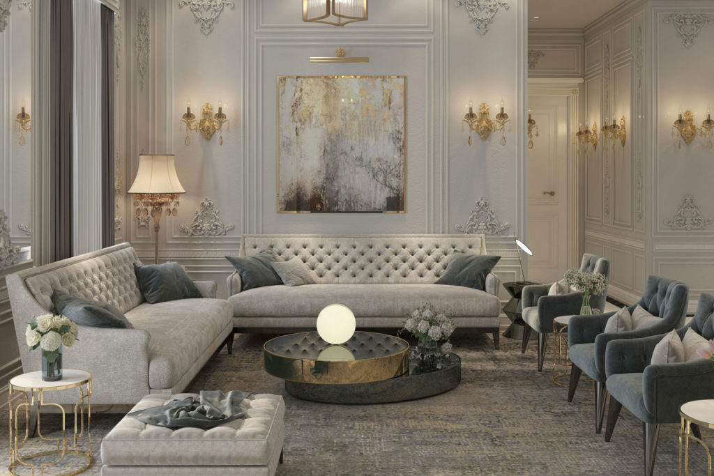 Digital render of panelled sitting room with cream sofas and grey cushions.