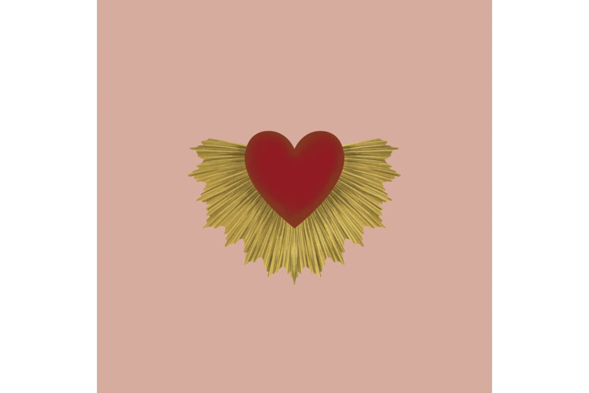 Dusty pink poster with a red and gold heart in the centre