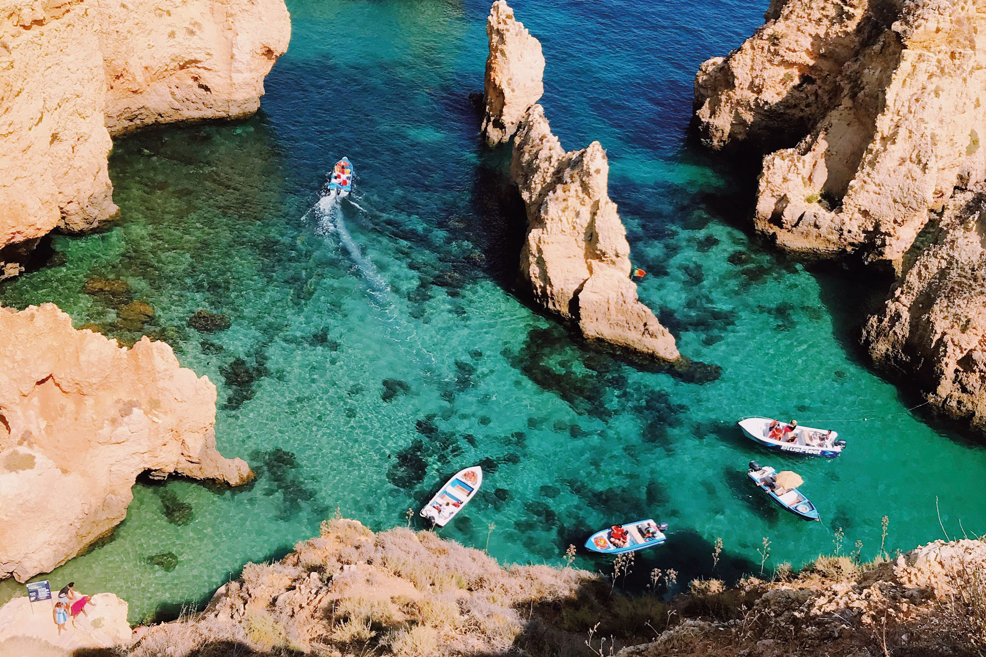 Aerial view of boats in the sea in Portugal