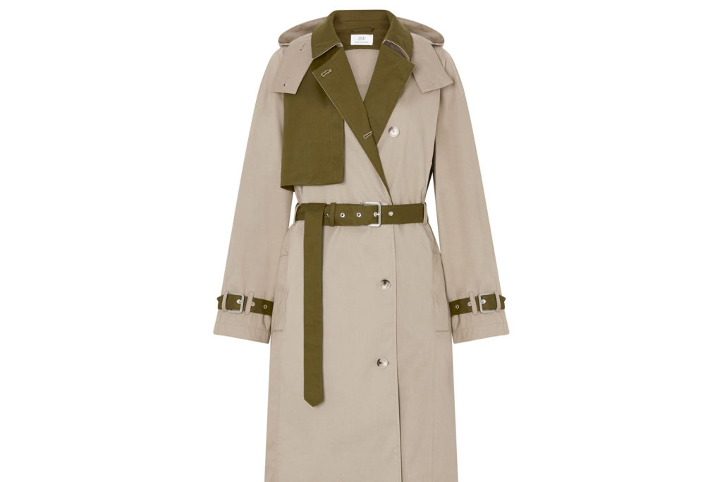 Beige trench coat with olive belt and collar.