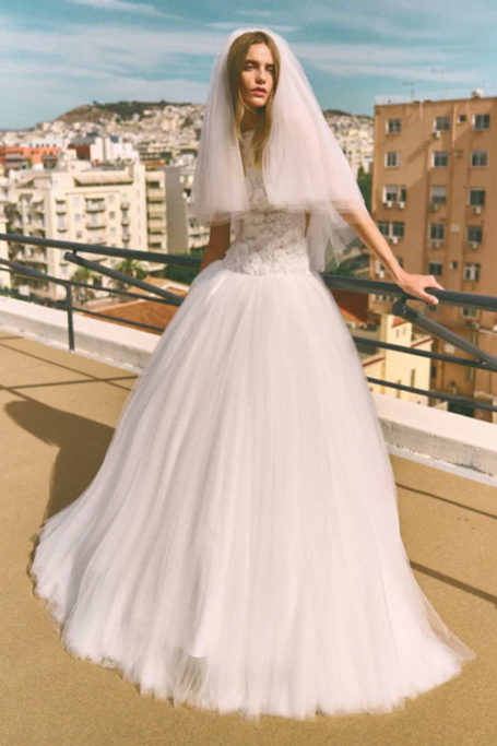 Woman in wedding dress and veil