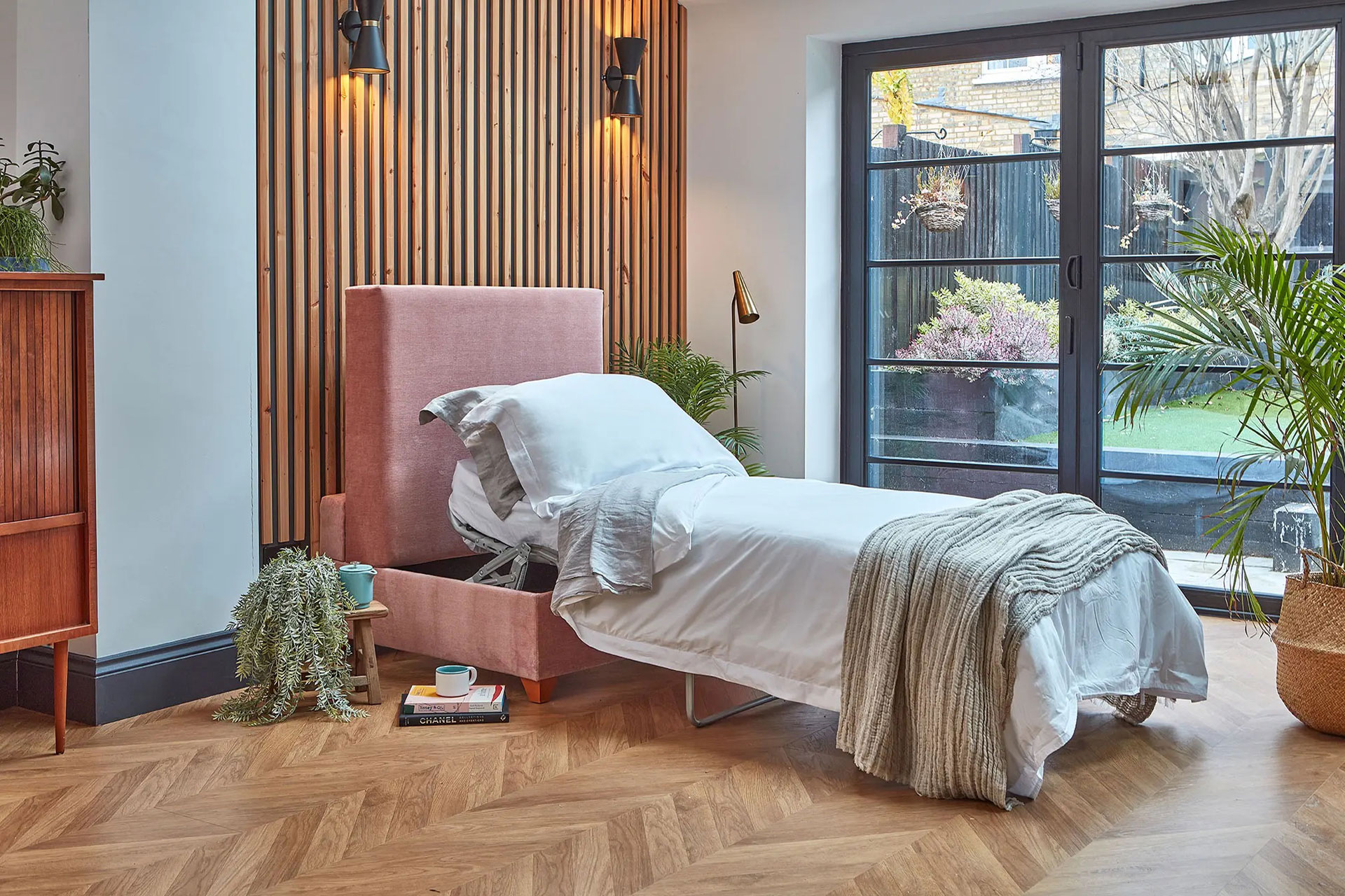 Pink velvet single sofa bed