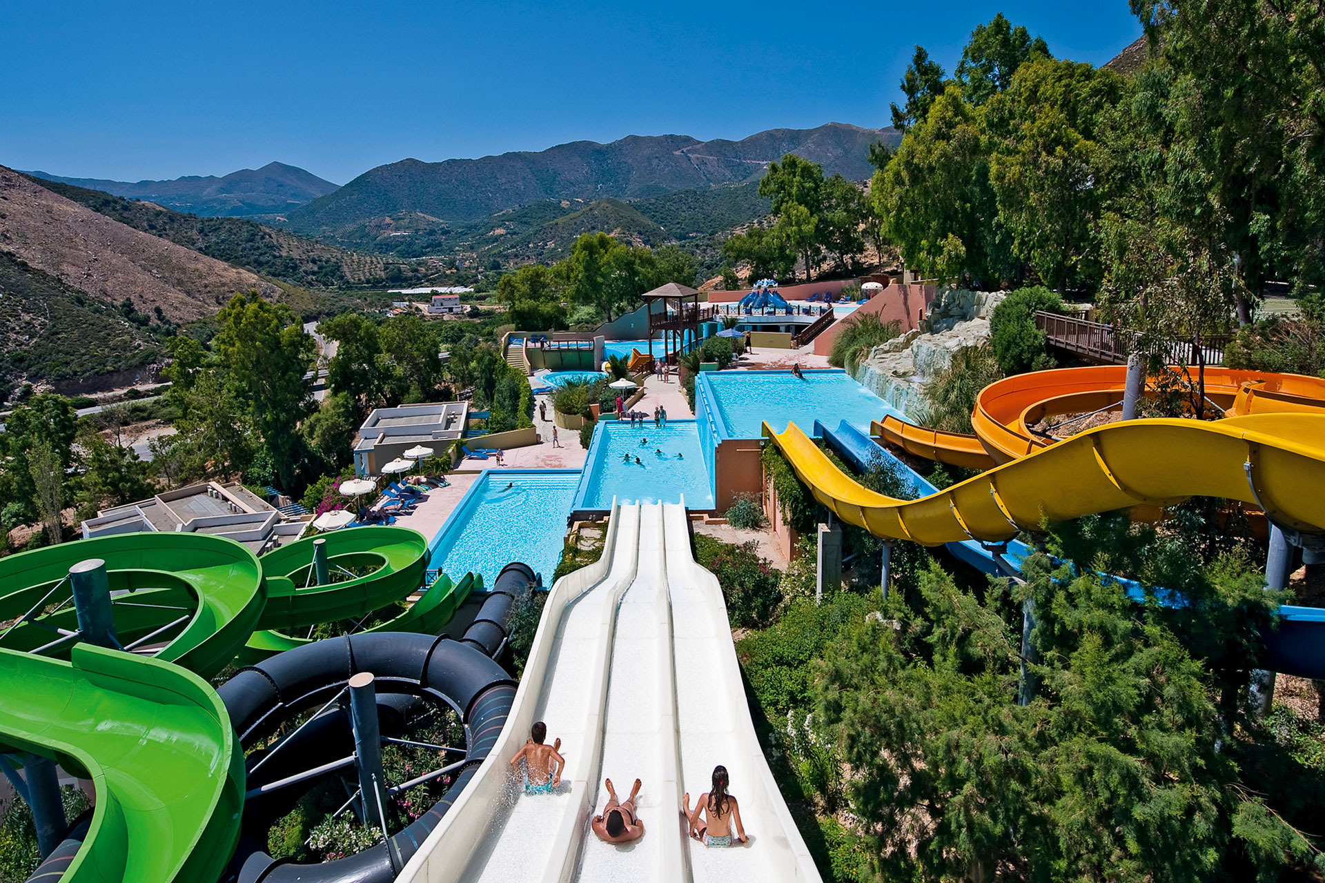 Waterpark in Crete, surrounded by forests and mountains