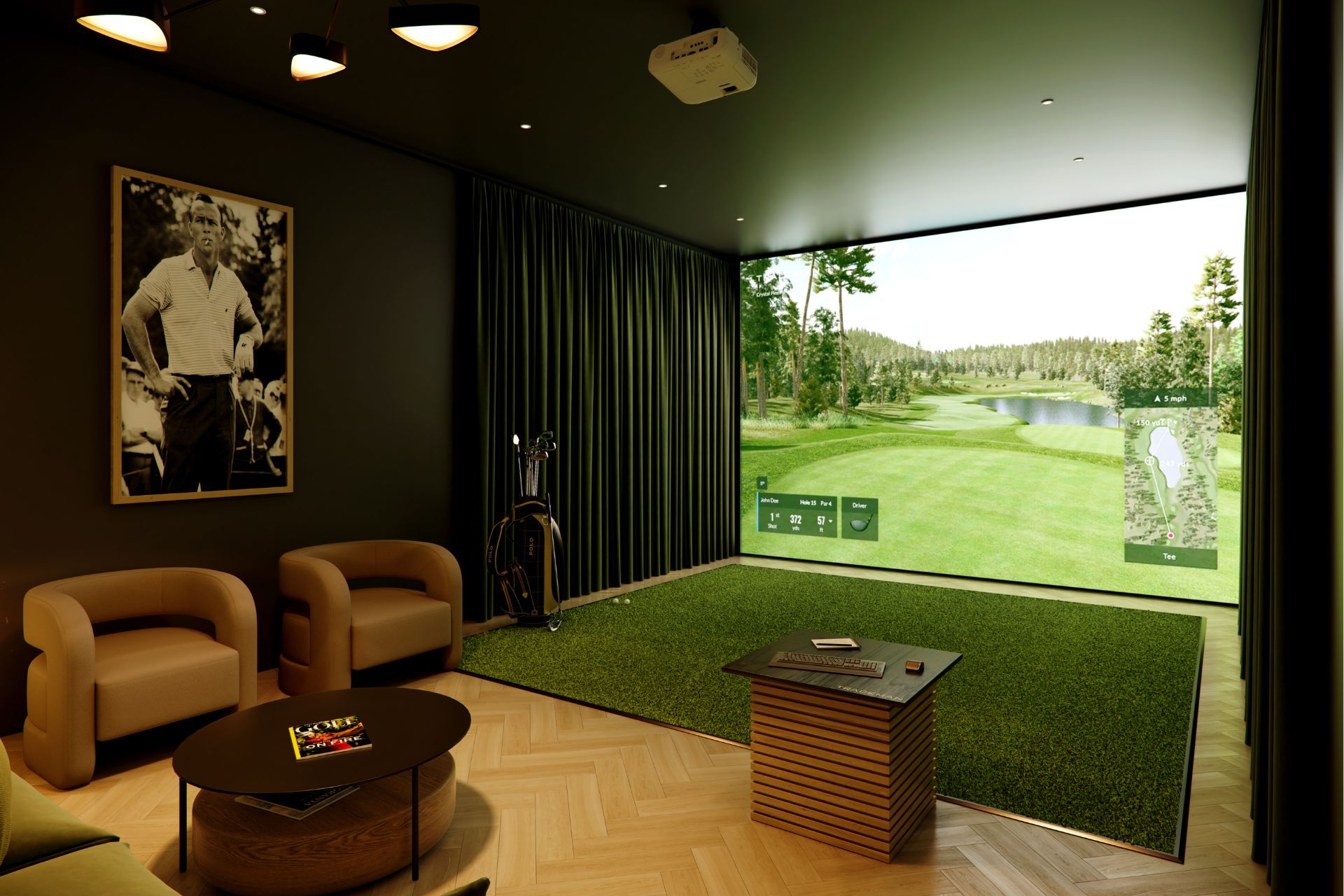 Golf simulator room with mustard yellow leather armchairs and parquet floors.