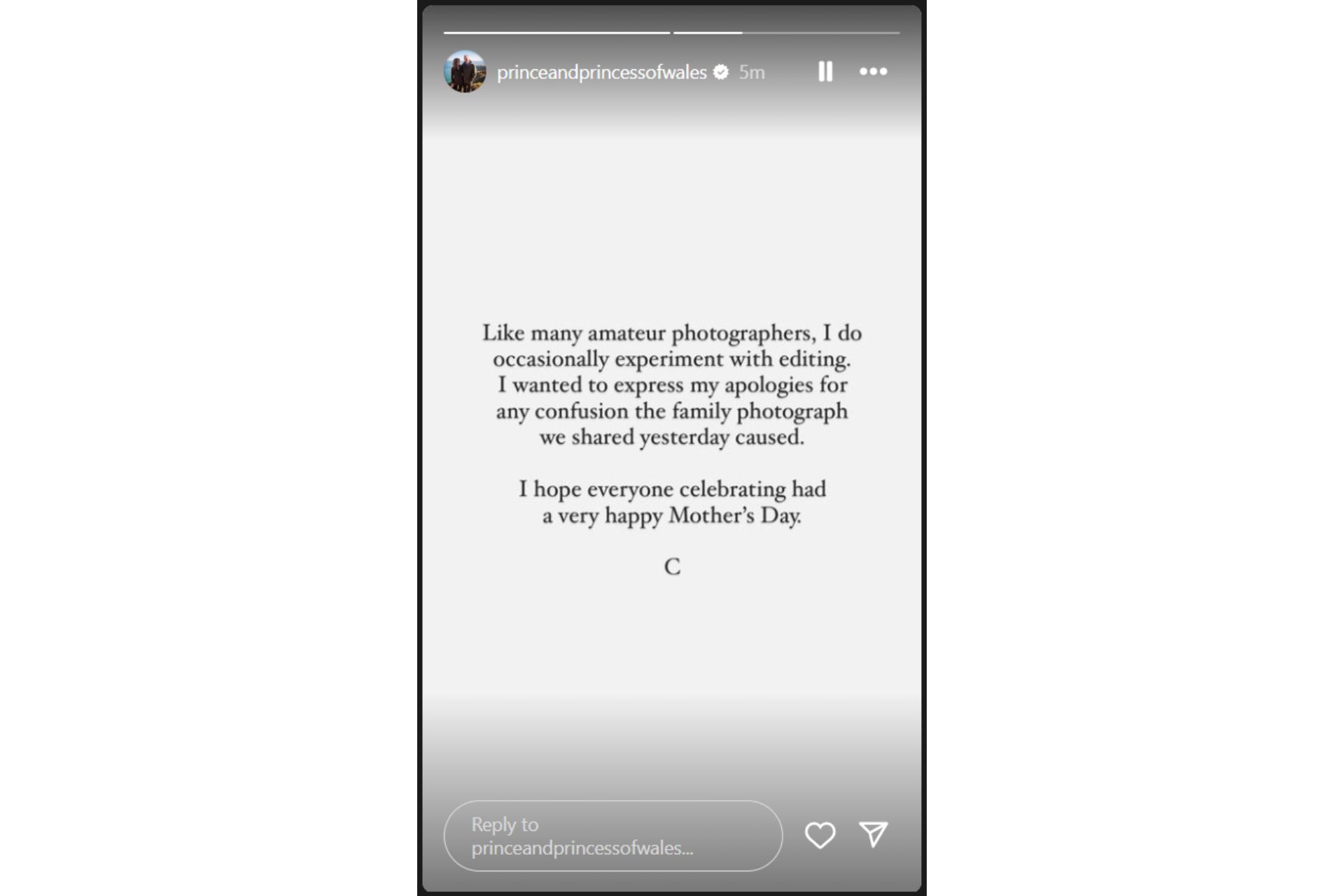 An Instagram story issued by the Royal family