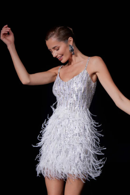 Woman in short white dress