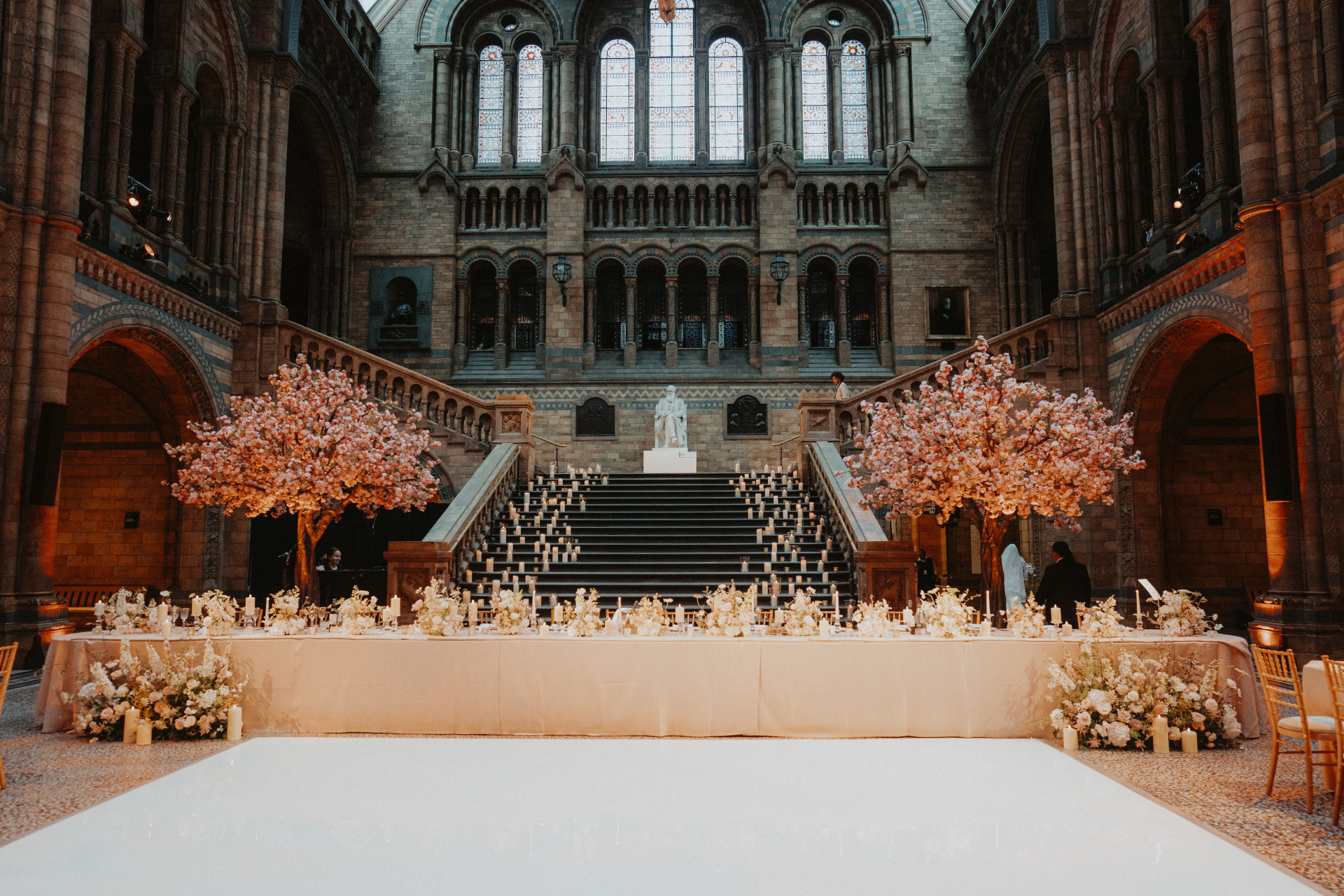 Long wedding table in the Natural History Museum