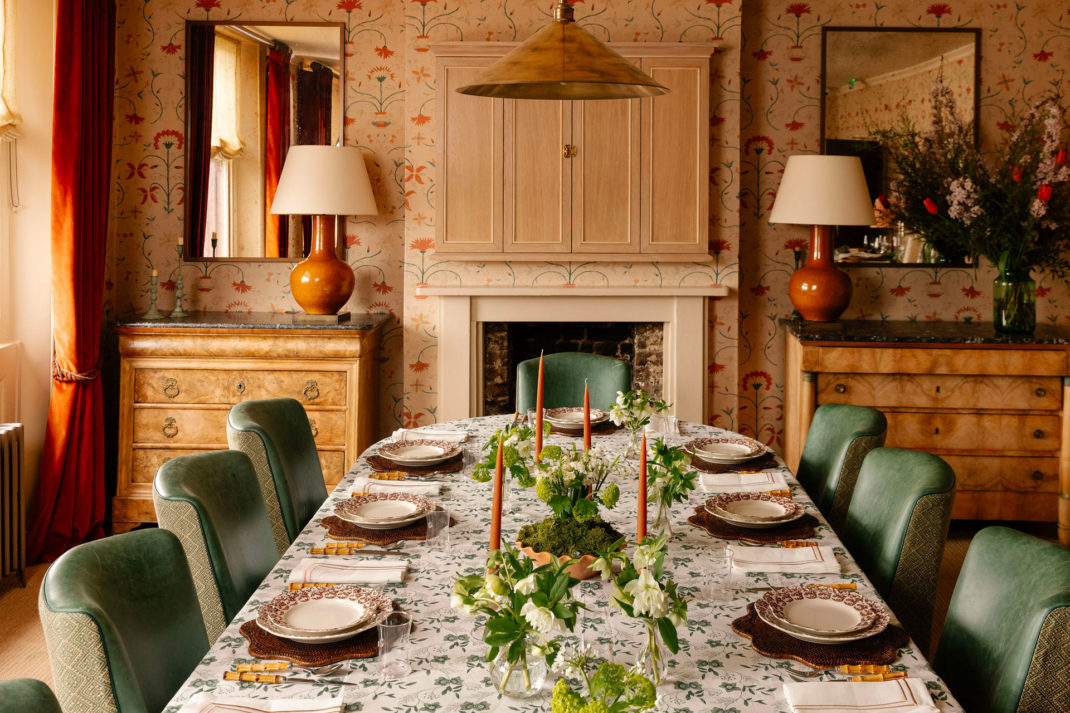 Dinner table set with floral tableware