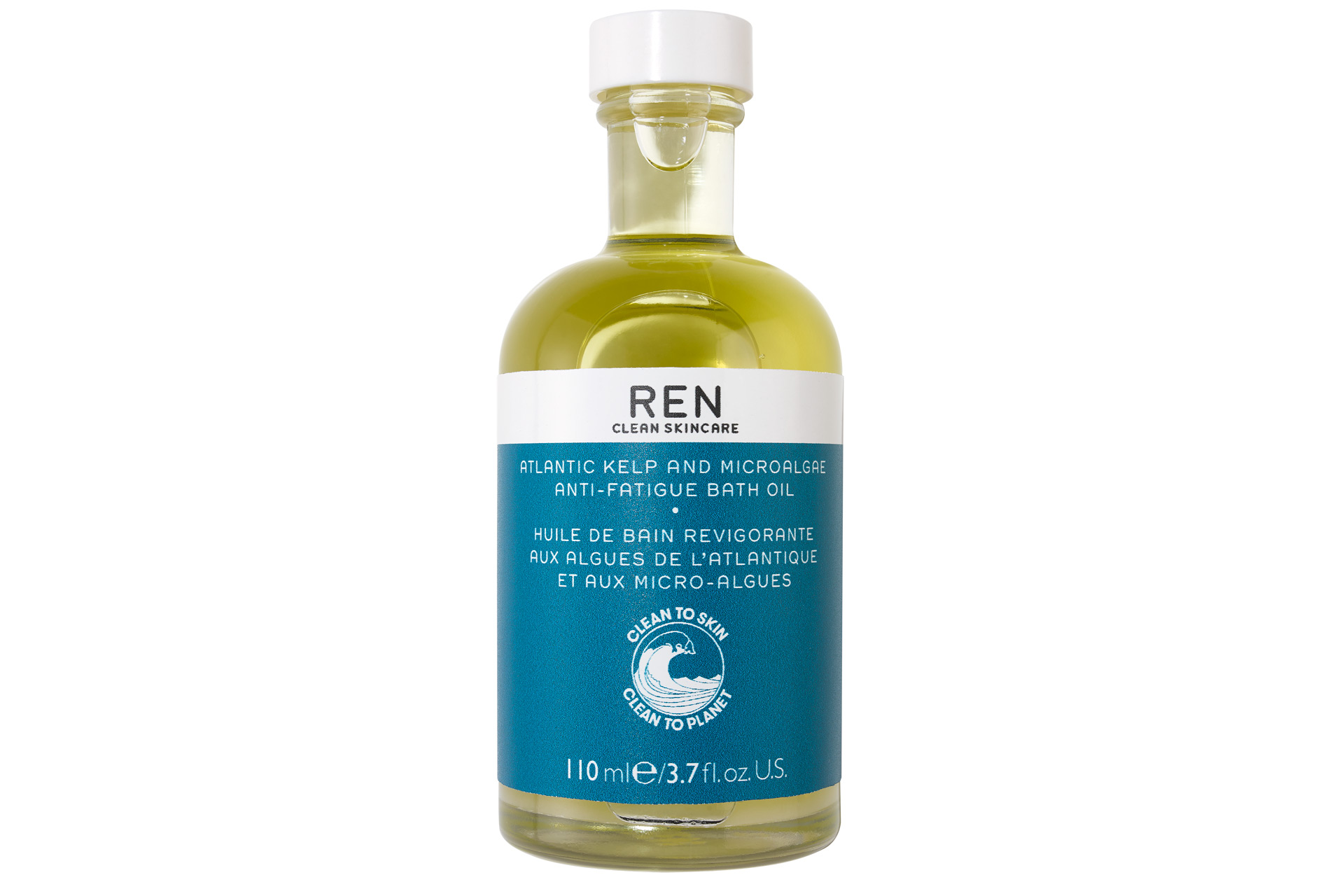 Transparent bottle of yellow bath oil