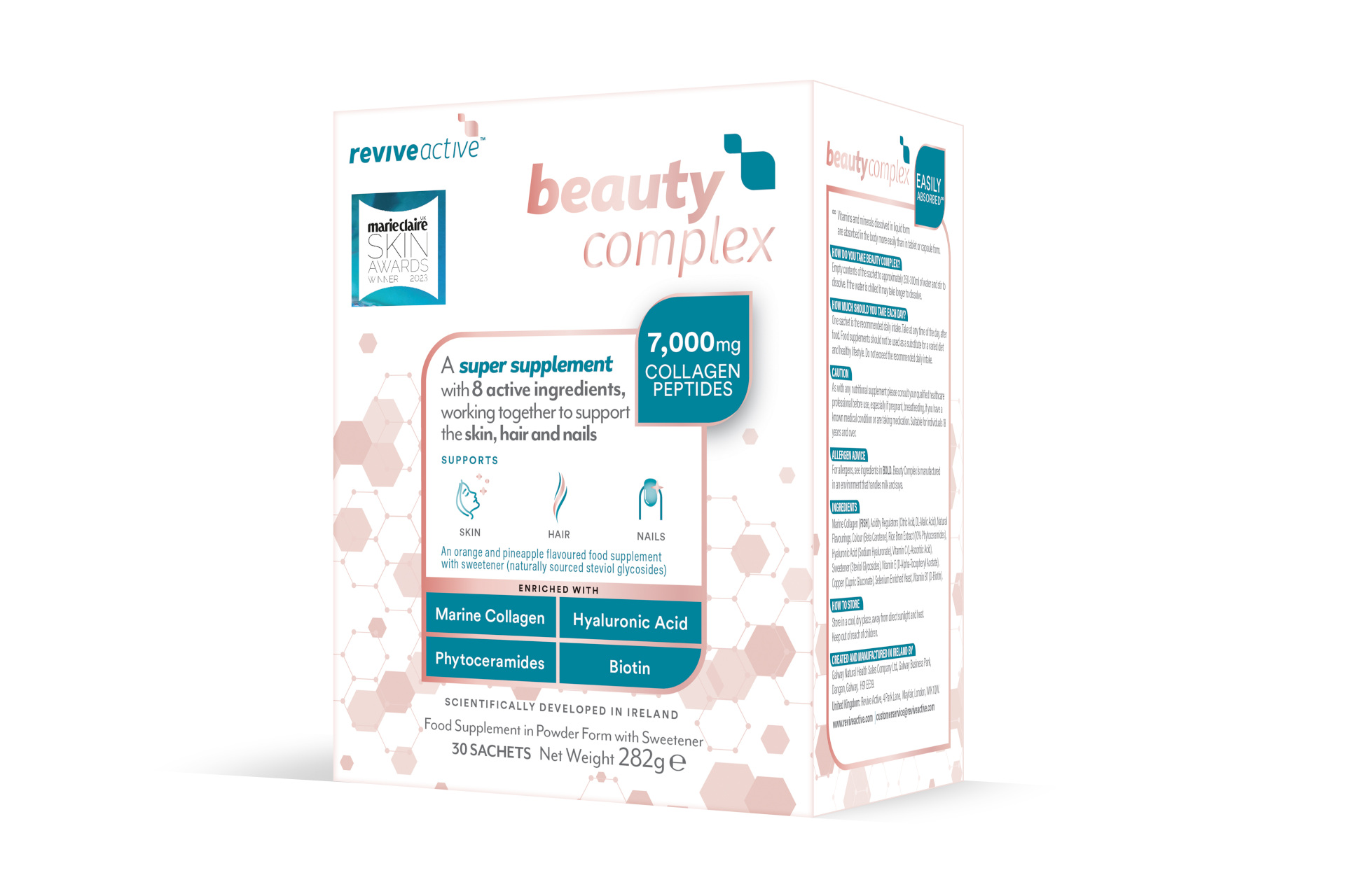 Beauty supplements in white and blue box
