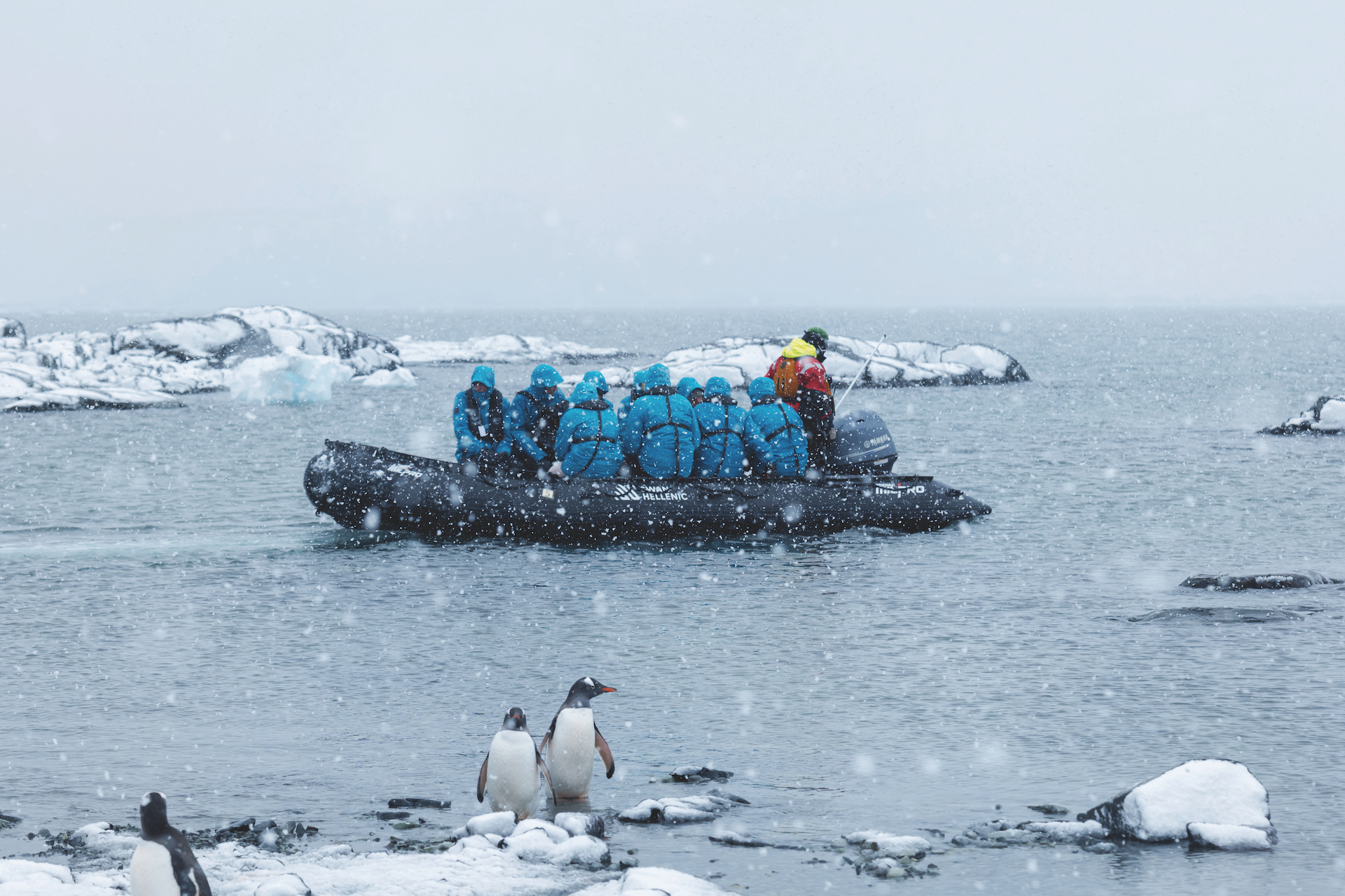 People in a rigid inflatable in Antarctica with penguins in foreground