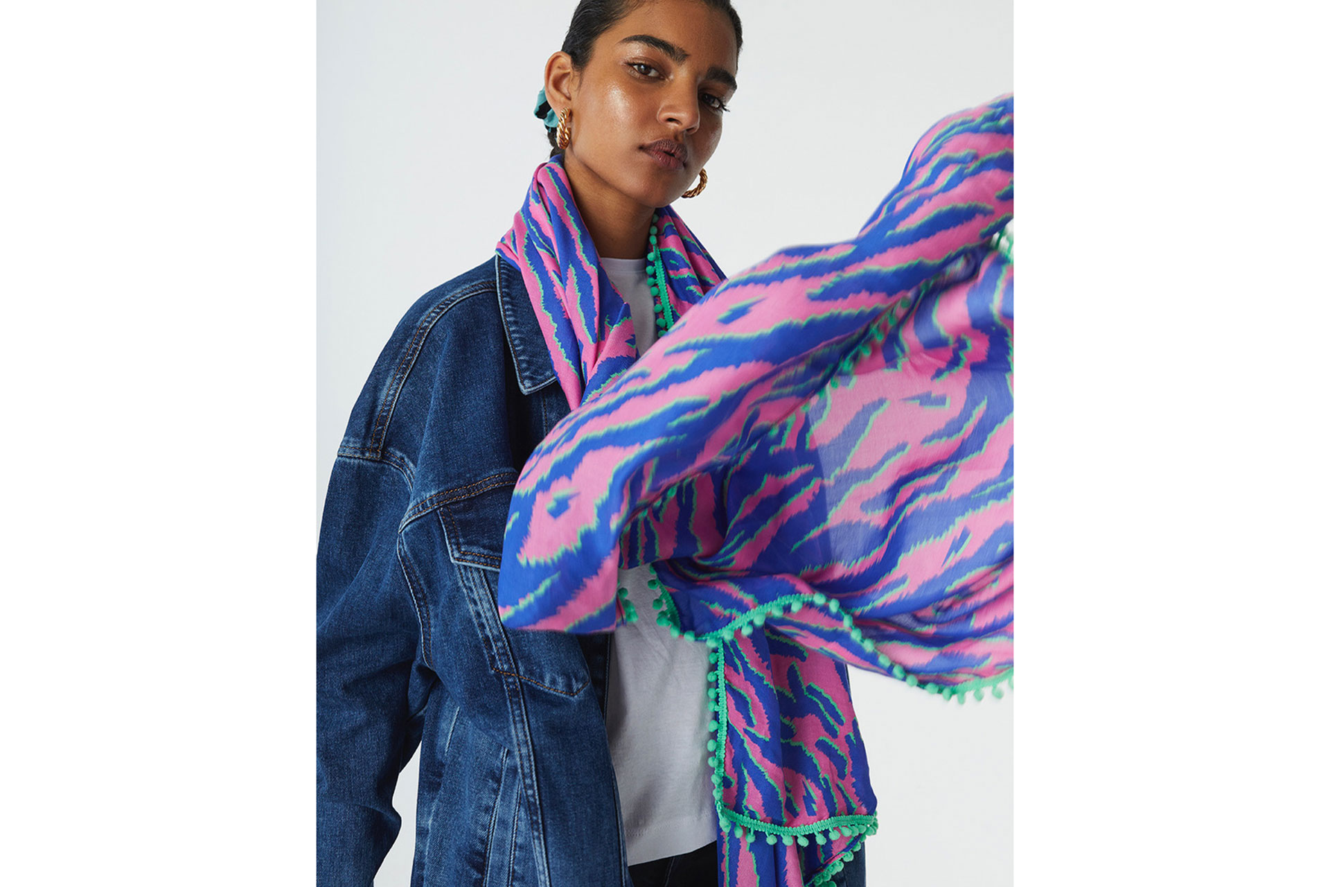Blue and pink zebra print scarf with neon trim