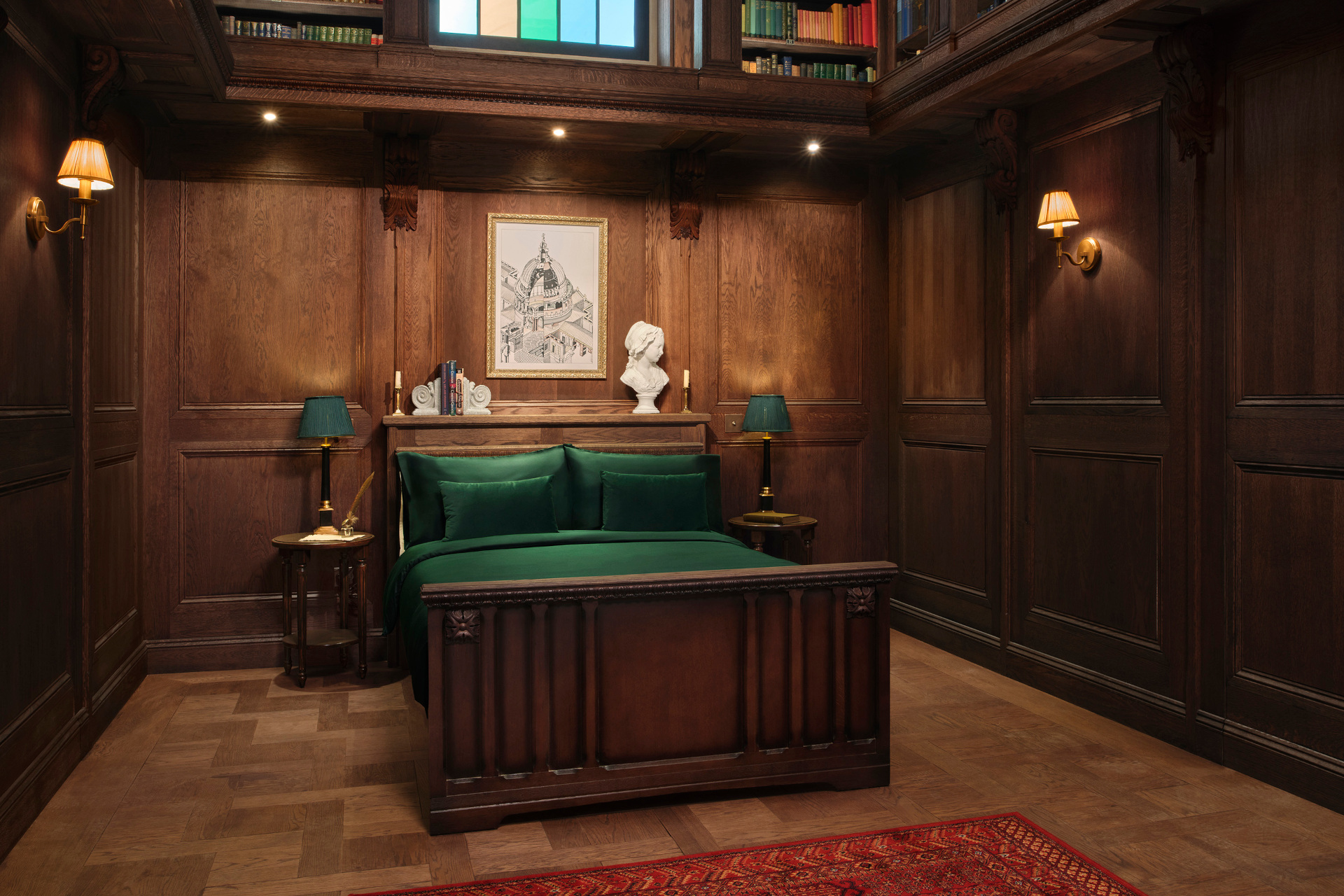 Green and wooden bed in library