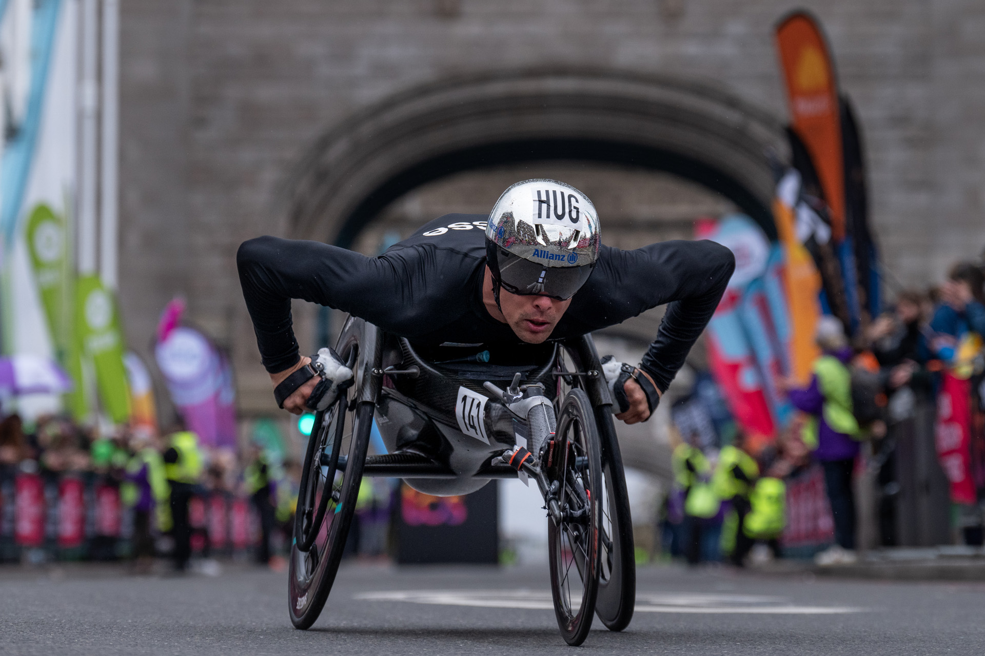 Marcel Hug (SUI) crosses Tower Bridge as he leads the Elite Men's Wheelchair Race during The TCS London Marathon on Sunday 23rd April 2023