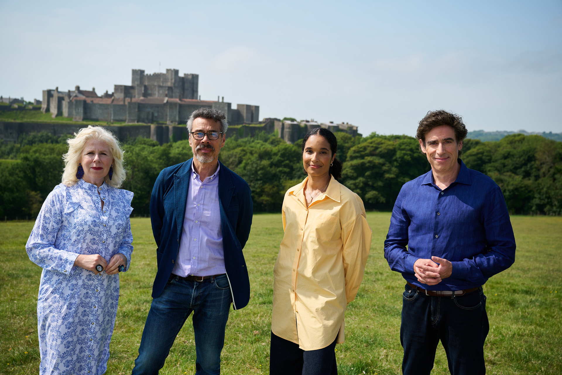 Judges Kathleen Soriano, Tai Shan Schierenberg & Eva Langret with host Stephen Mangan on set for Landscape Artist of the Year series 11
