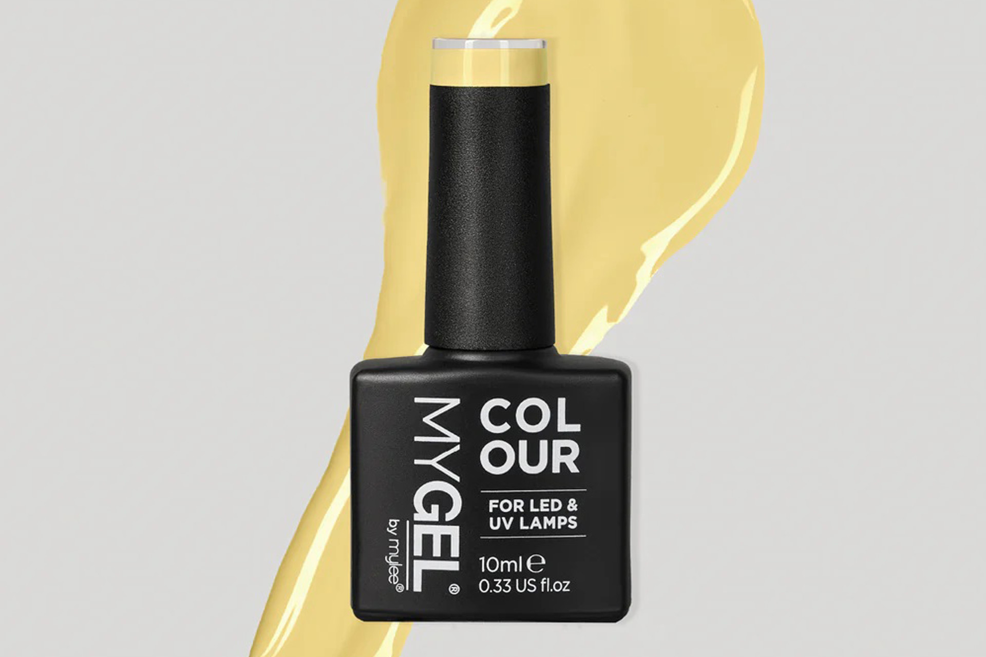 Black Mylee nail polish with a pastel yellow shade