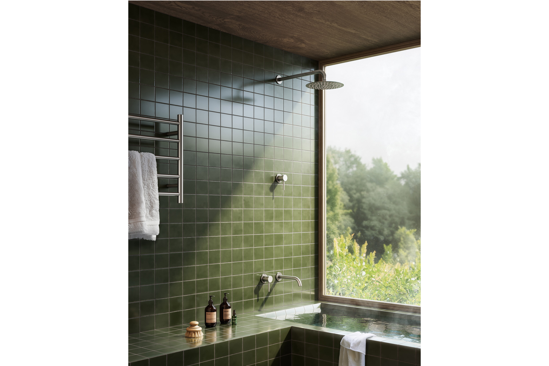 A shower with green tiles overlooking a field
