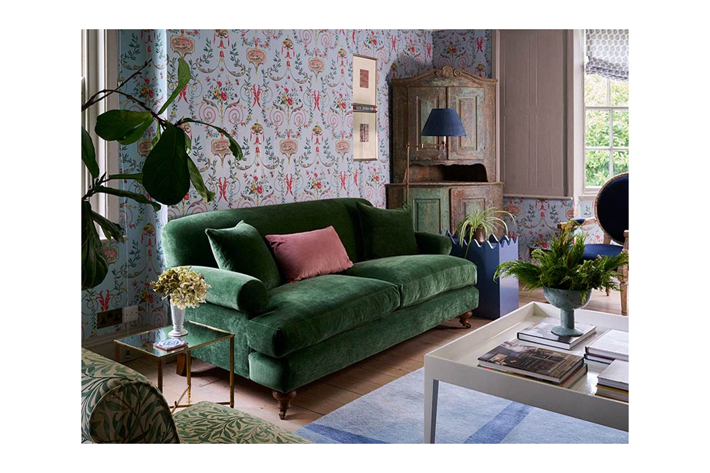 A green velvet sofa