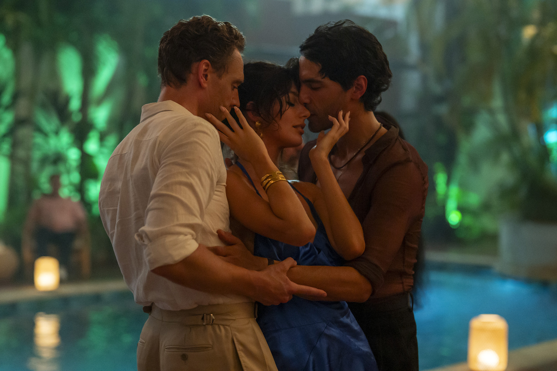 Tom Hiddleston as Jonathan Pine, Camila Morrone as Roxana & Diego Calva as Teddy in The Night Manager series 2