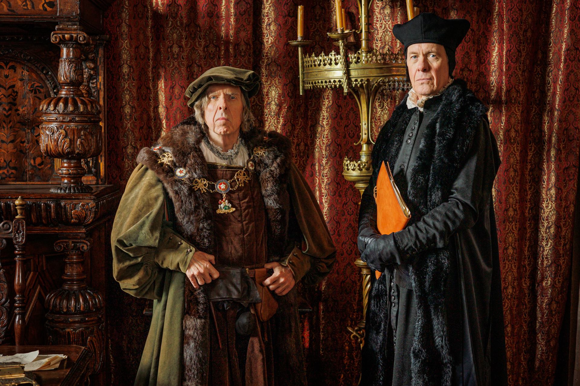 Timothy Spall as the Duke of Norfolk and Alex Jennings as Stephen Gardiner in Wolf Hall