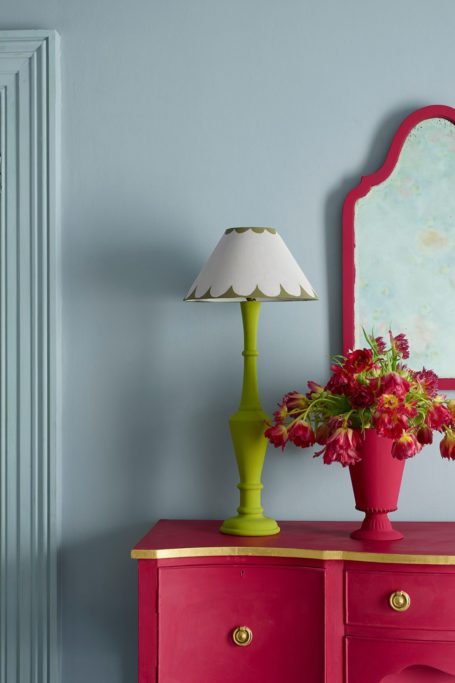 Blue walls wth pink vanity