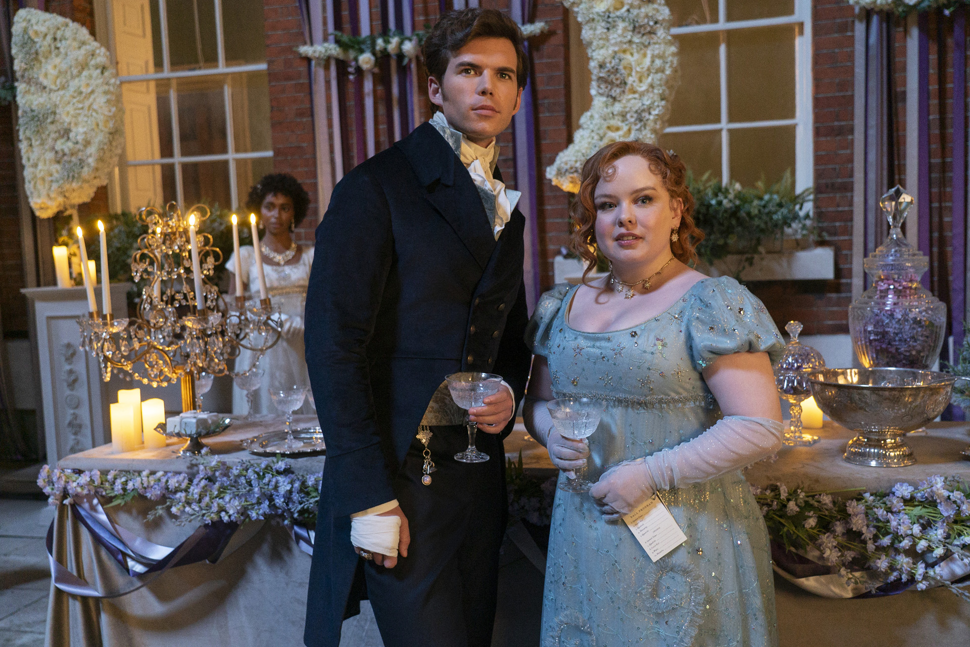 Luke Newton as Colin Bridgerton, Nicola Coughlan as Penelope Featherington in episode 302 of Bridgerton