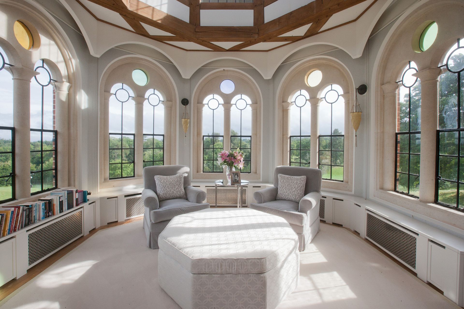 Turreted living area with views of the Surrey Hills.