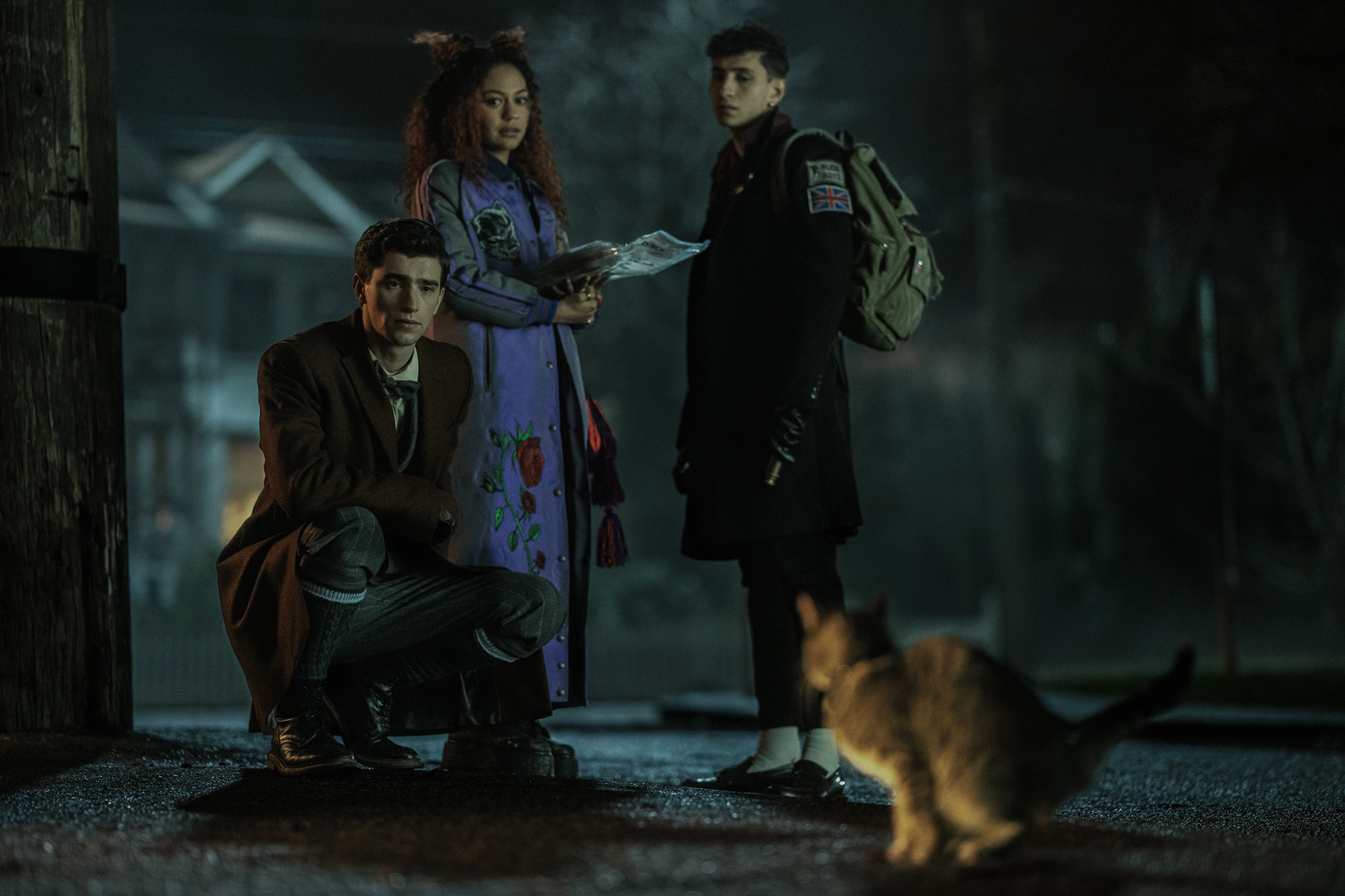 (L-R) George Rexstrew as Edwin Payne, Kassius Nelson as Crystal Palace and Jayden Revri as Charles Rowland in episode 1 of DEAD BOY DETECTIVES
