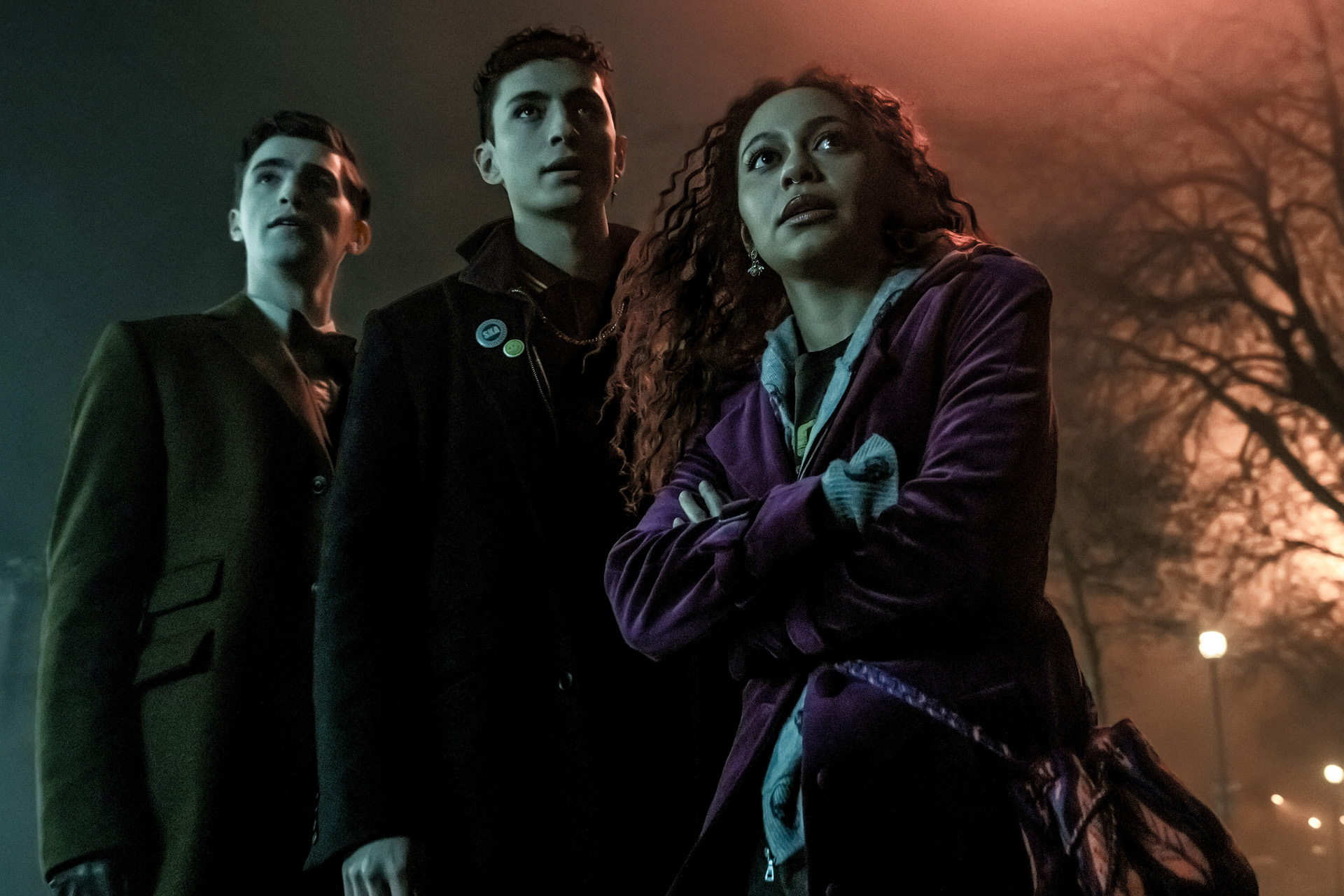 (L-R) George Rexstrew as Edwin Payne, Jayden Revri as Charles Rowland and Kassius Nelson as Crystal Palace in Episode 103 in DEAD BOY DETECTIVES