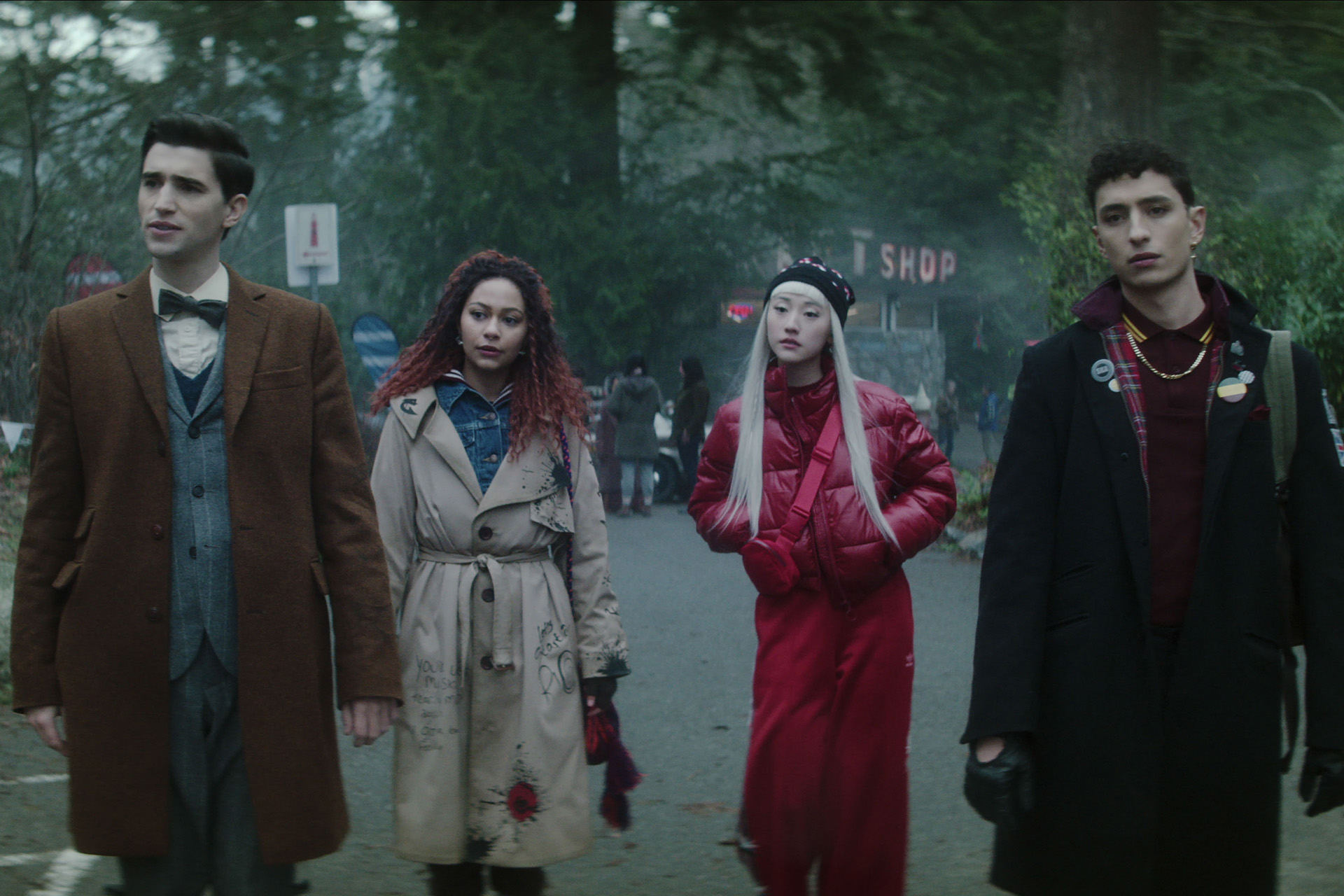 (L-R) George Rexstrew as Edwin Payne, Kassius Nelson as Crystal Palace, Yuyu Kitamura as Niko Sasaki, and Jayden Revri as Charles Rowland in episode 4 of DEAD BOY DETECTIVES