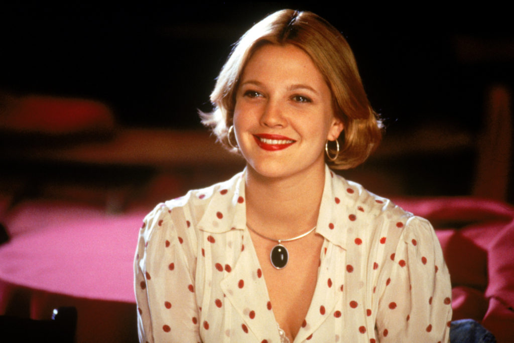 Drew Barrymore with a 90s flicked bob in The Wedding Singer