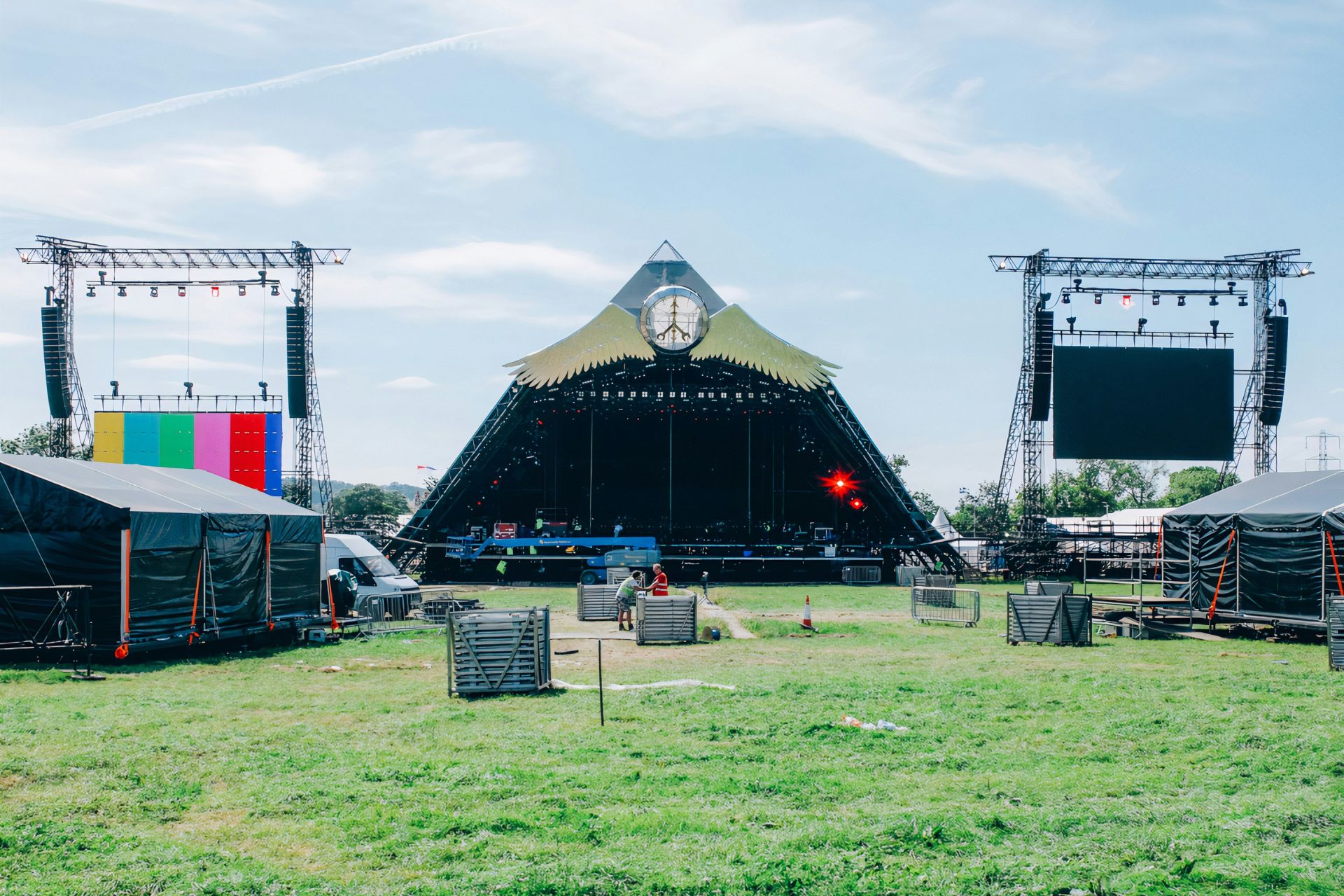 The Glastonbury Pyramid Stage being set up.