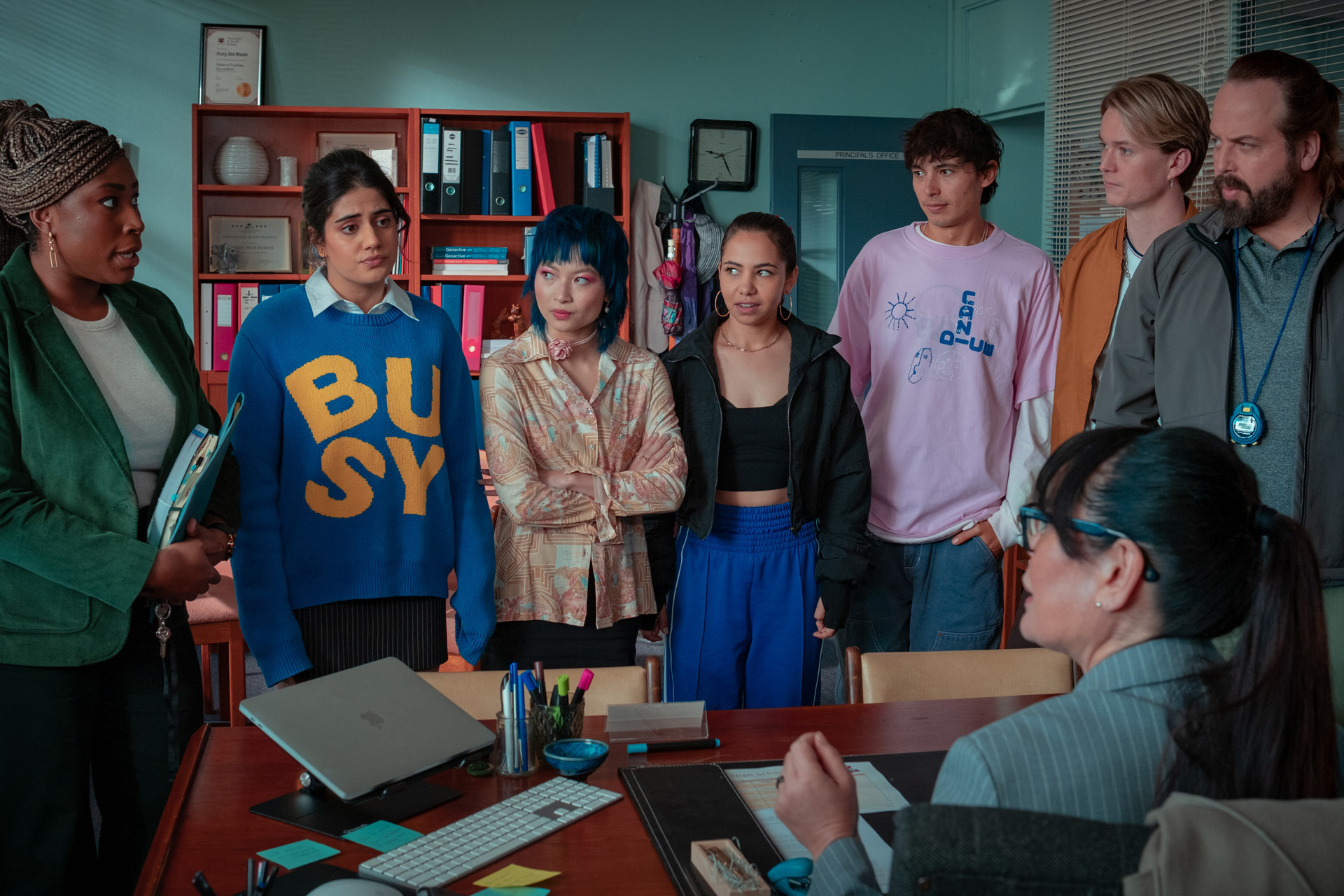 Chika Ikogwe as Jojo, Ayesha Madon as Amerie, Gemma Chua-Tran as Sasha, Sherry-Lee Watson as Missy, Brodie Townsend as Ant, Bryn Chapman Parish as Spider, Angus Sampson as Voss in Heartbreak High S2