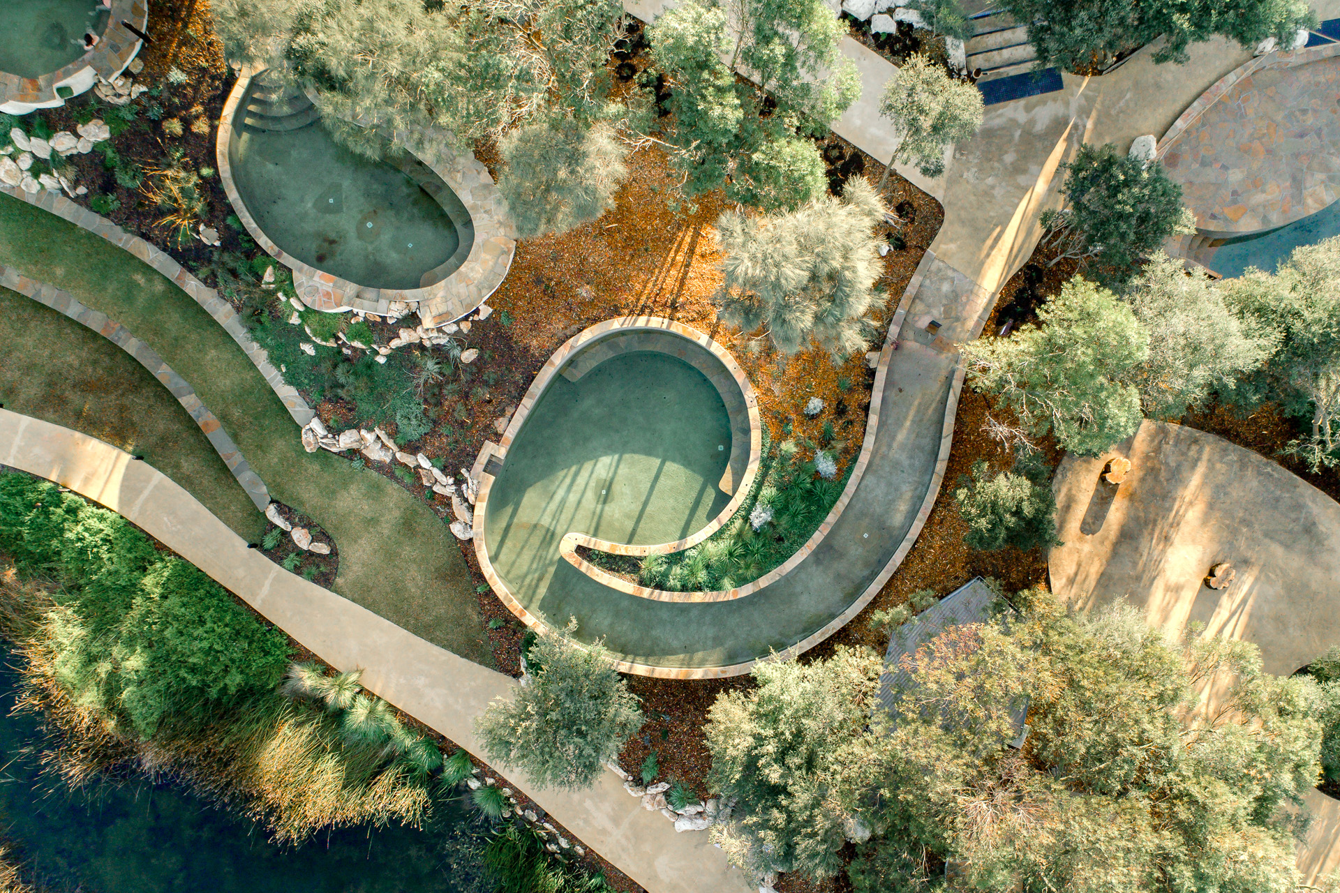 A drone shot of Peninsula Hot Springs on the Great Victorian Bathing Trail