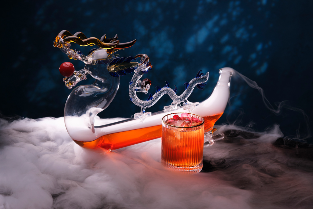 A cocktail in a glass Chinese dragon