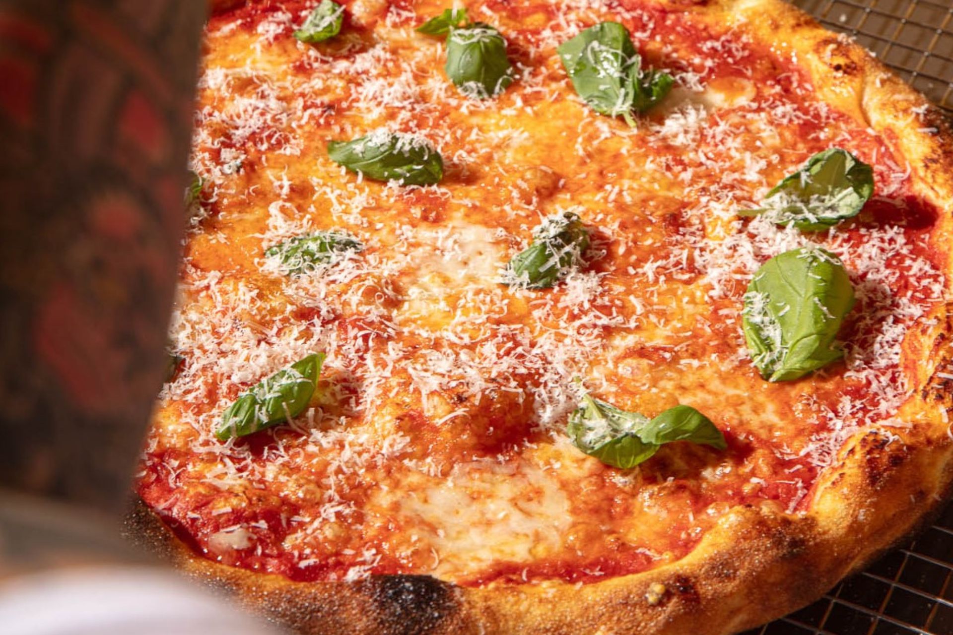 Tomato, basil and mozzarella pizza