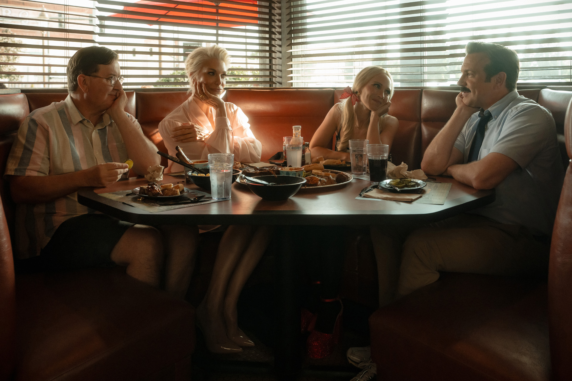 Jeremy Swift, Hannah Waddingham, Juno Temple and Jason Sudeikis in "Ted Lasso," coming soon to Apple TV+.