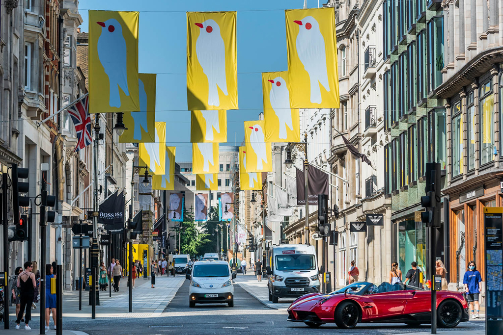 Artful flags over a London street
