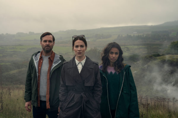 Bodkin. (L to R) Will Forte as Gilbert Power, Siobhán Cullen as Dove, Robyn Cara as Emmy Sizergh in Bodkin