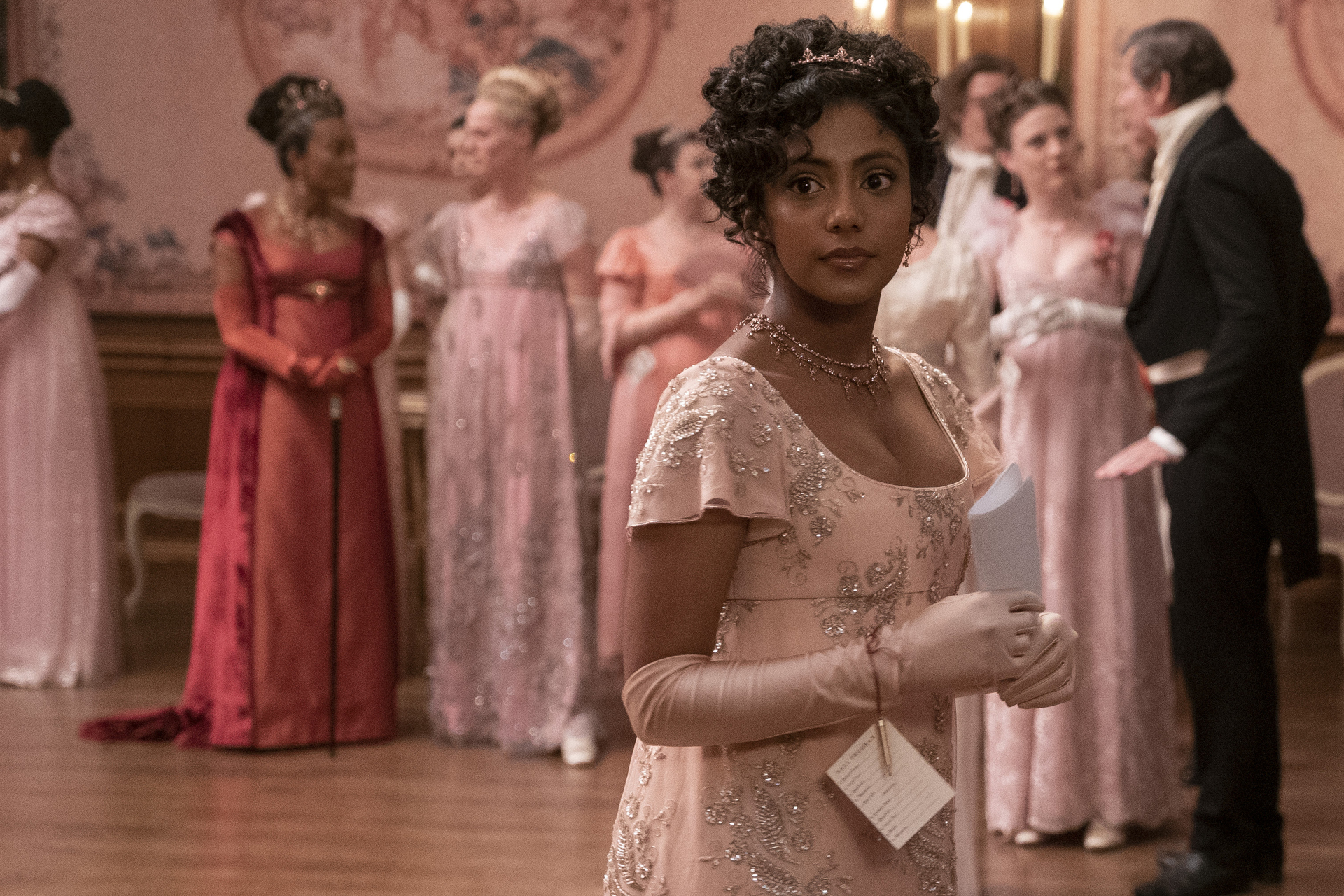 Charithra Chandran as Edwina Sharma in Bridgerton | woman in regency hair and dress