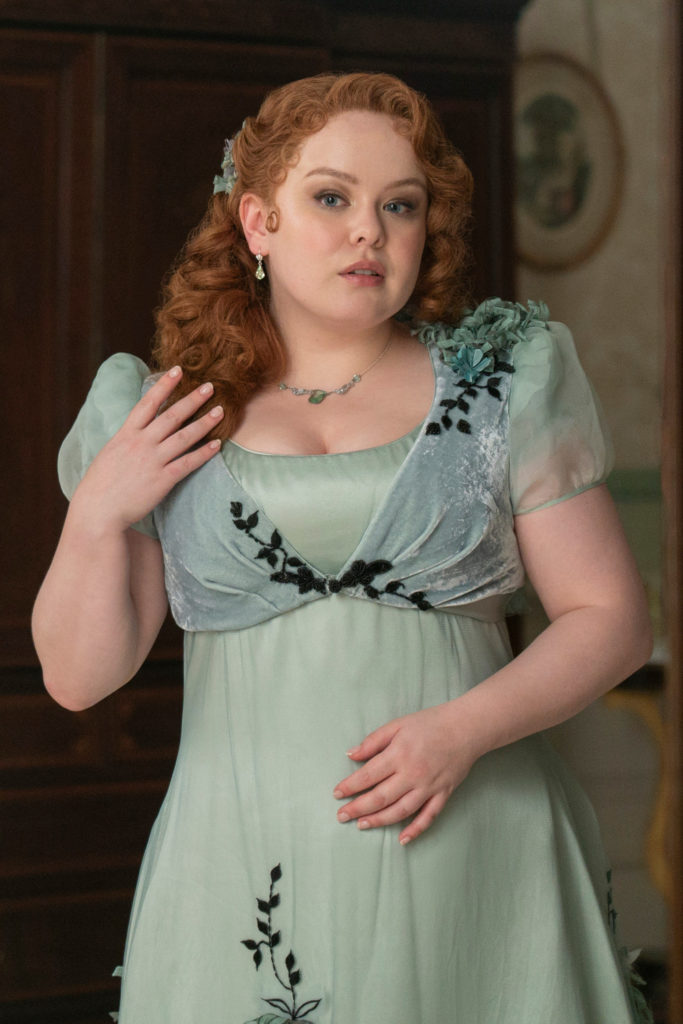 Nicola Coughlan in costume as Penelope Featherington in Bridgerton season 3