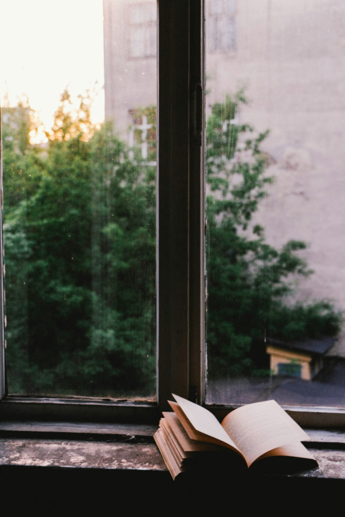Book on windowsill, with massive window looking out onto garden | Climate Fiction Prize