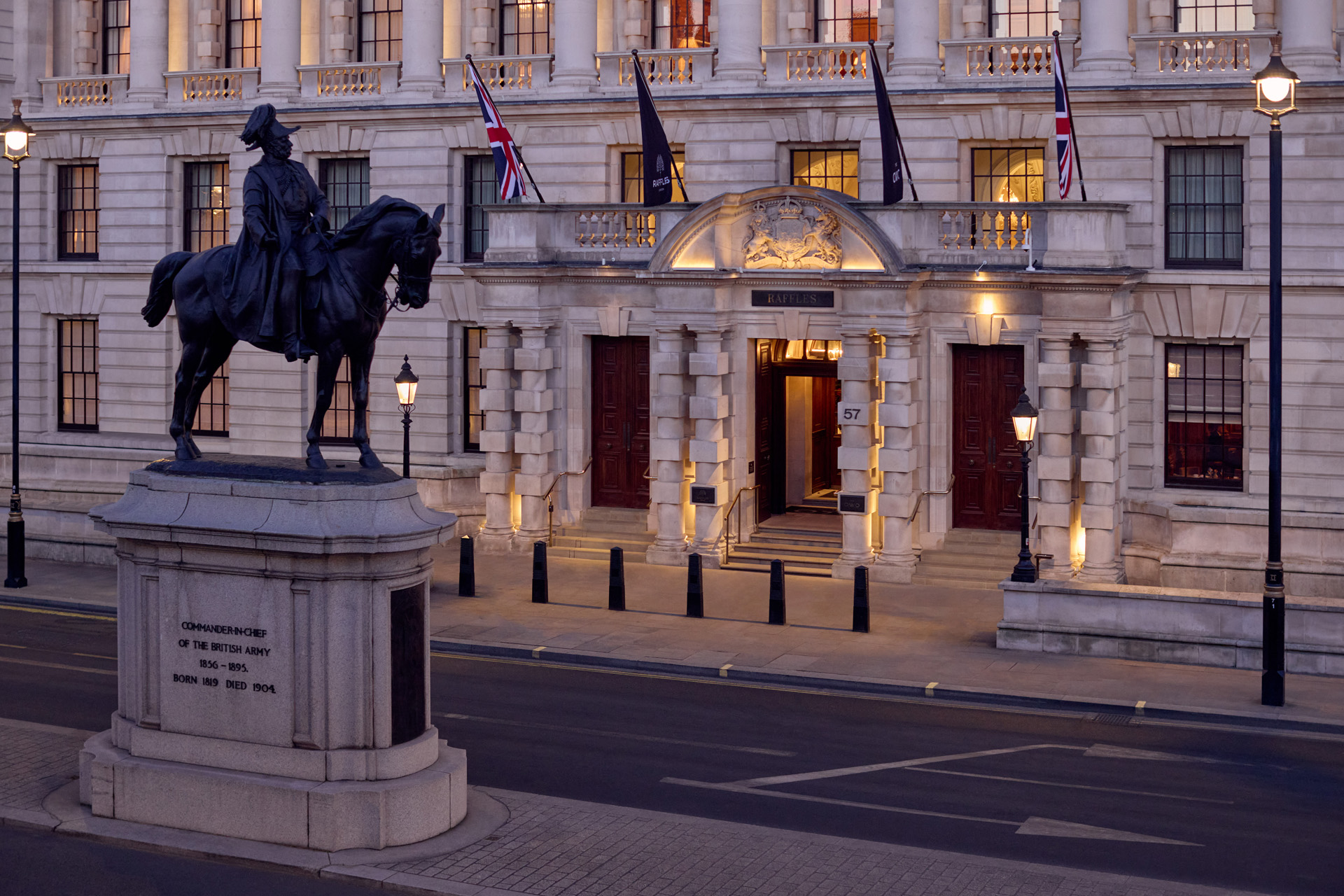 Exterior of Raffles London at the OWO at dusk