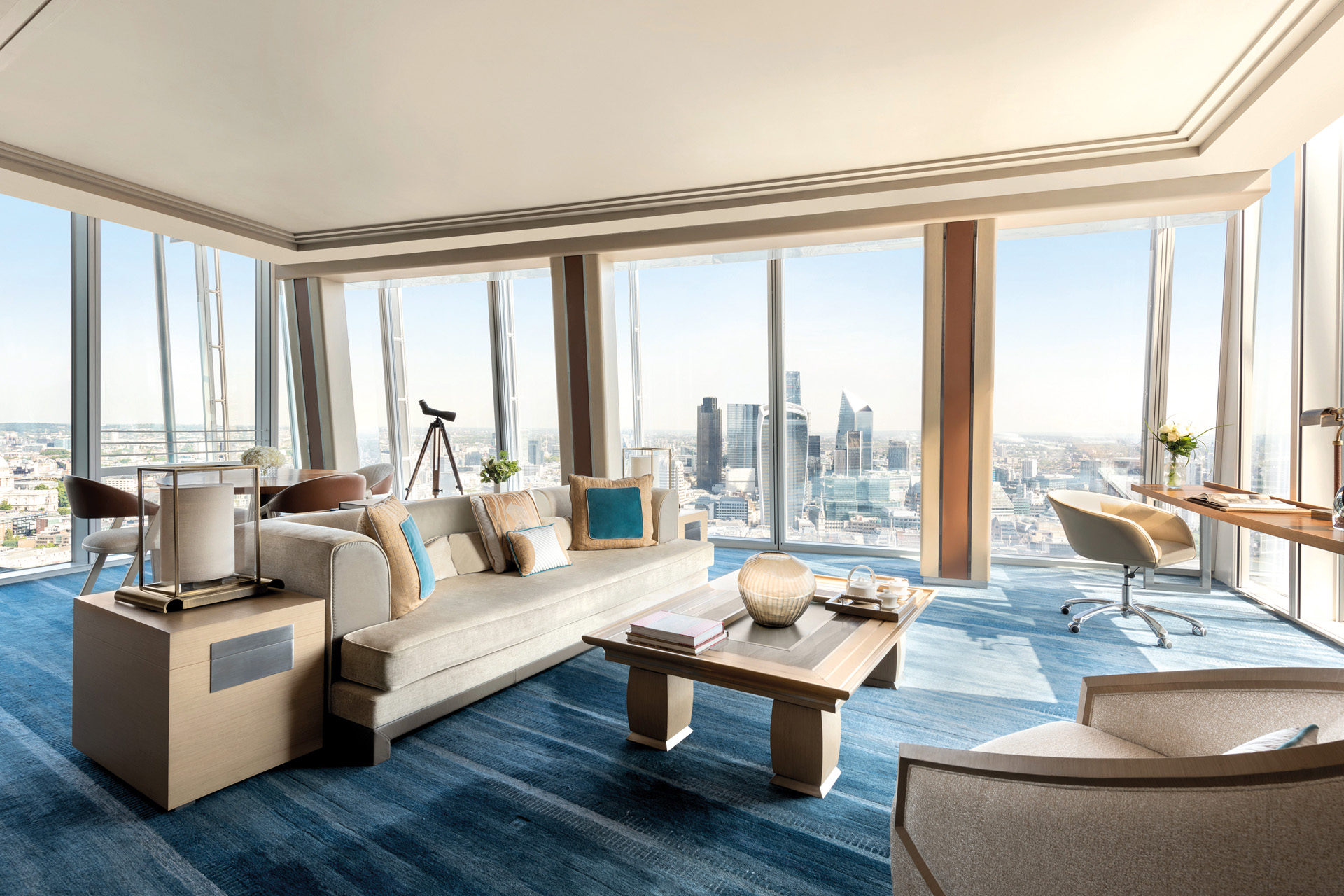 A hotel suite with London skyline views