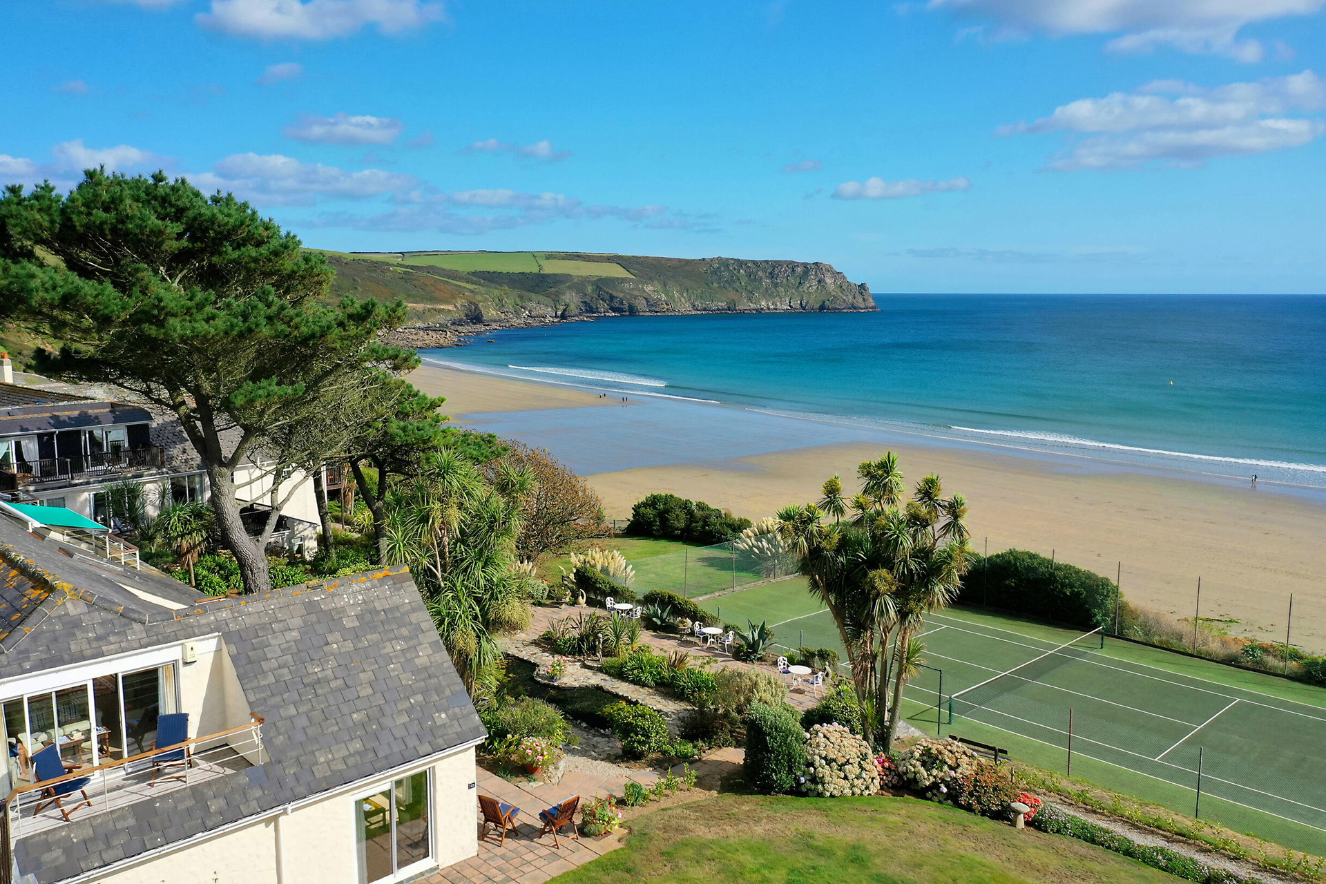 The tennis court at The Nare in summer