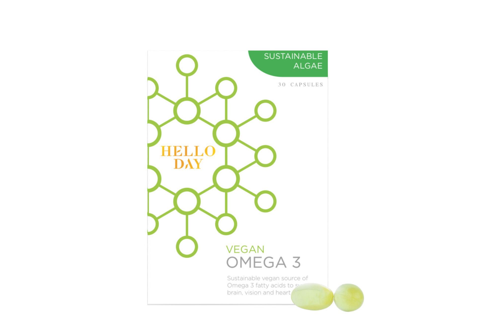 Hello Day Vegan Omega 3 supplements in a green packet