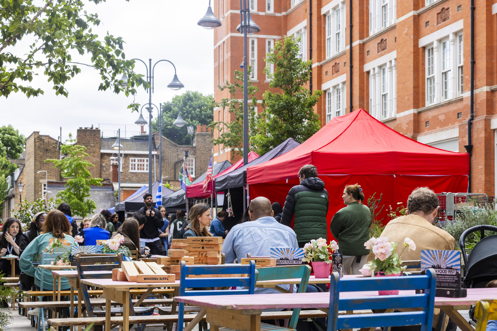 Food stalls and tables in Islington Square