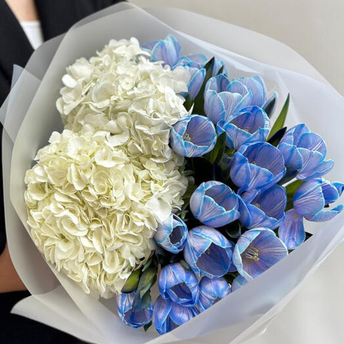 A bunch of blue and white flowers