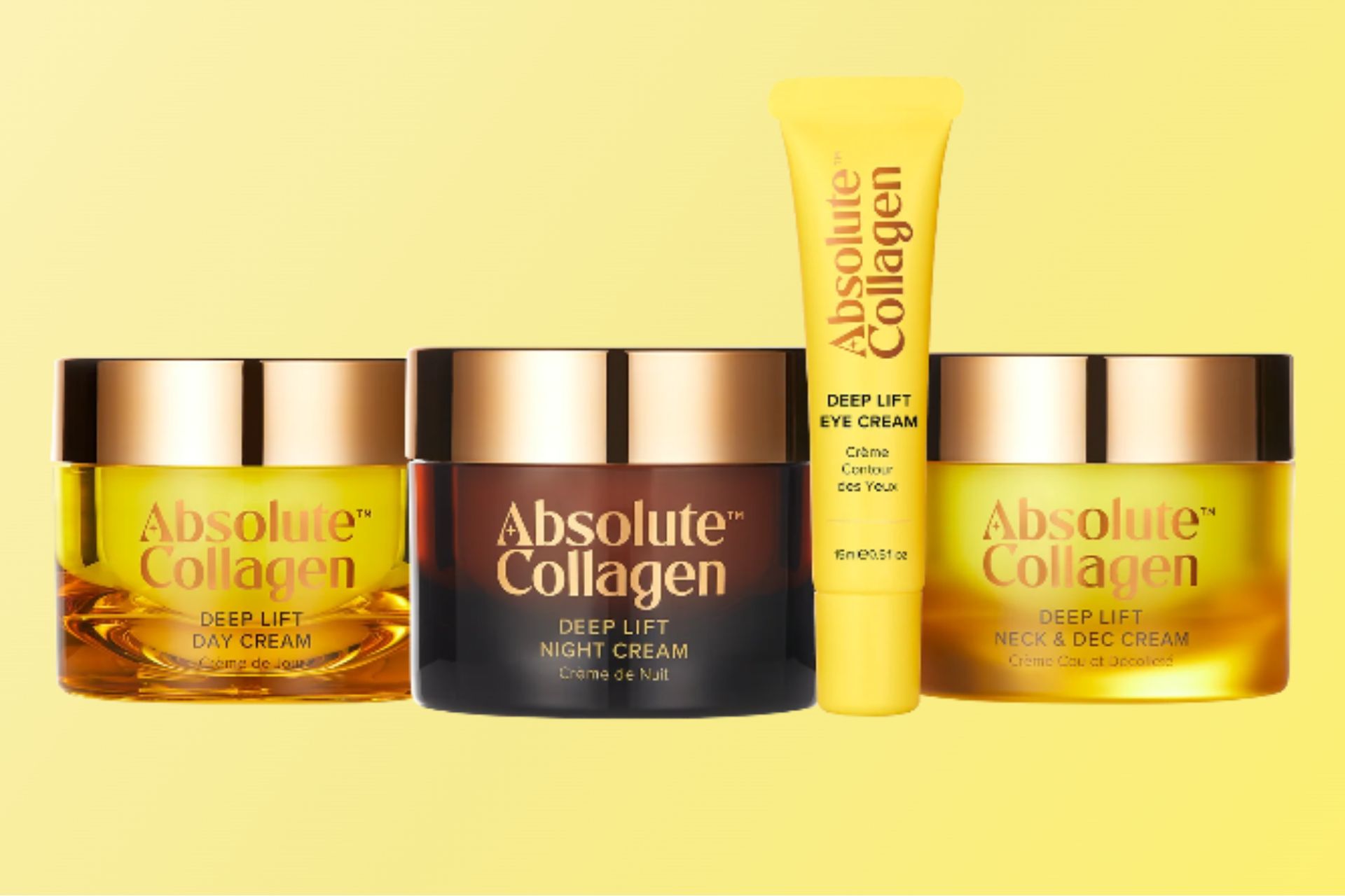 Absolute Collagen skincare products with a yellow background.